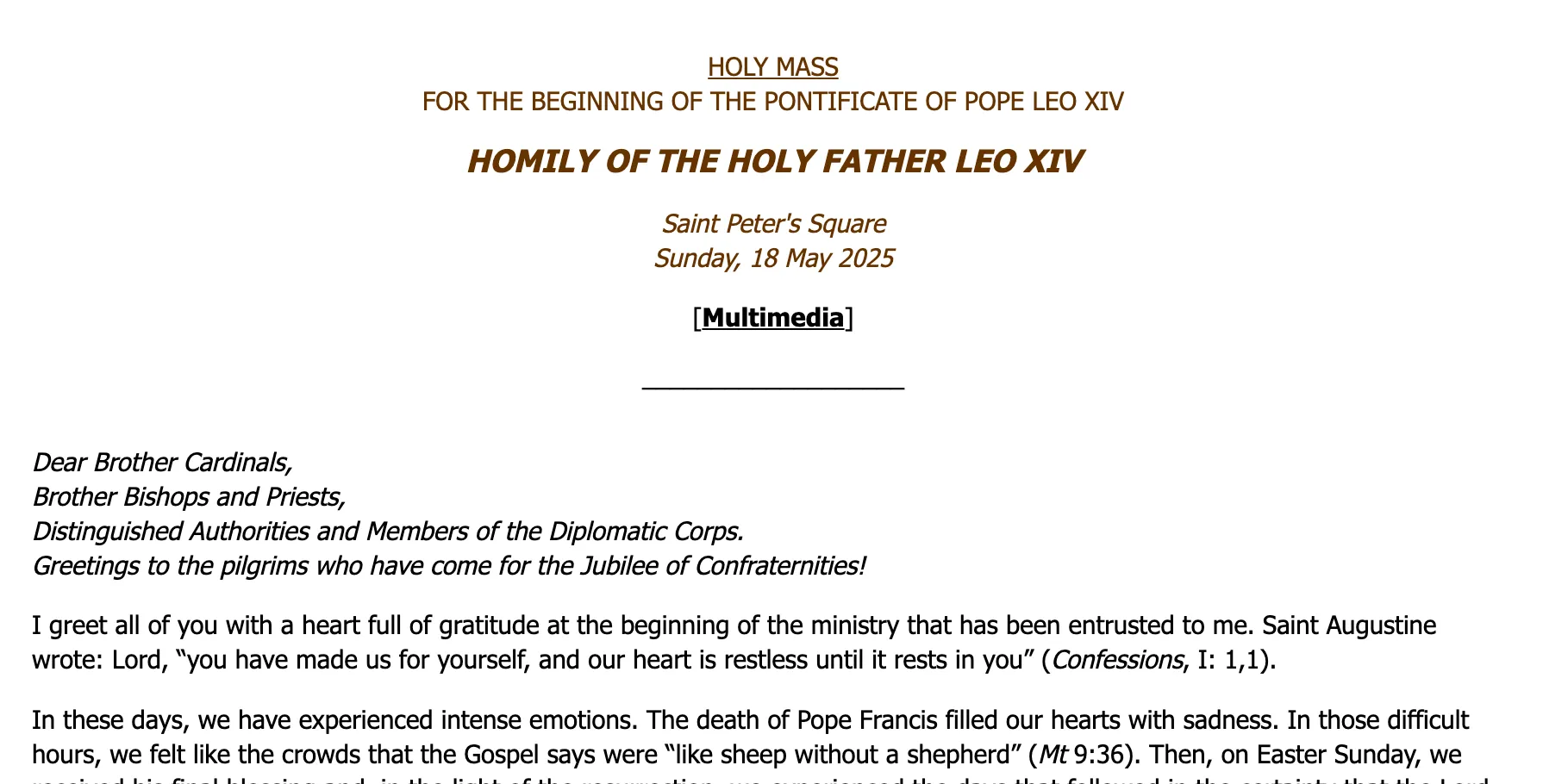 Pope Leo's First Homily as Pope